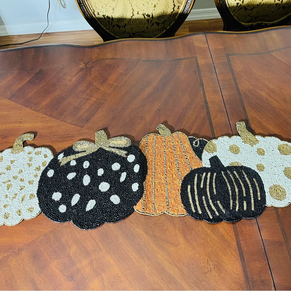 Tahari Beaded Pumpkin Table Runner - Black, Orange, Cream